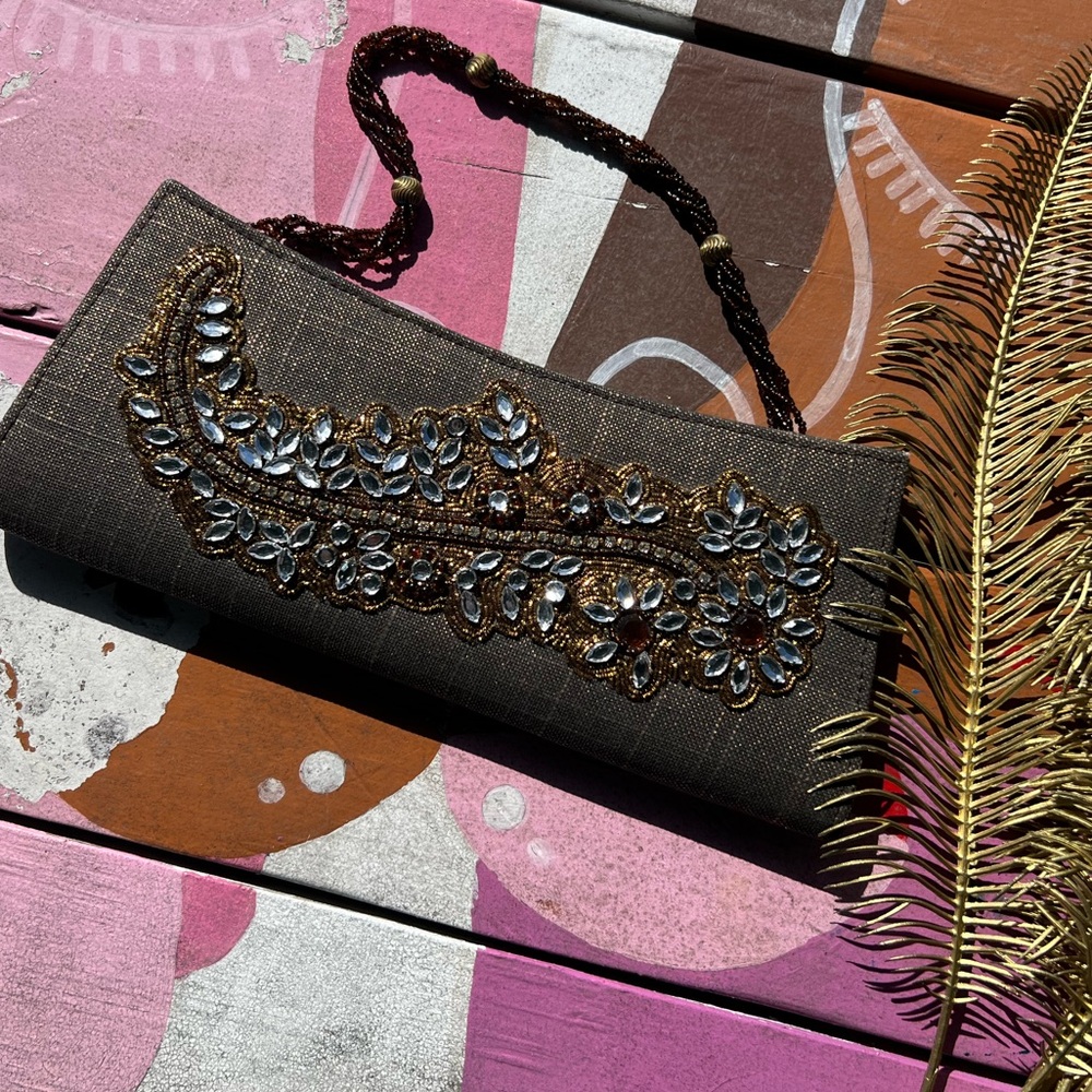 Elegant Brown Beaded Clutch